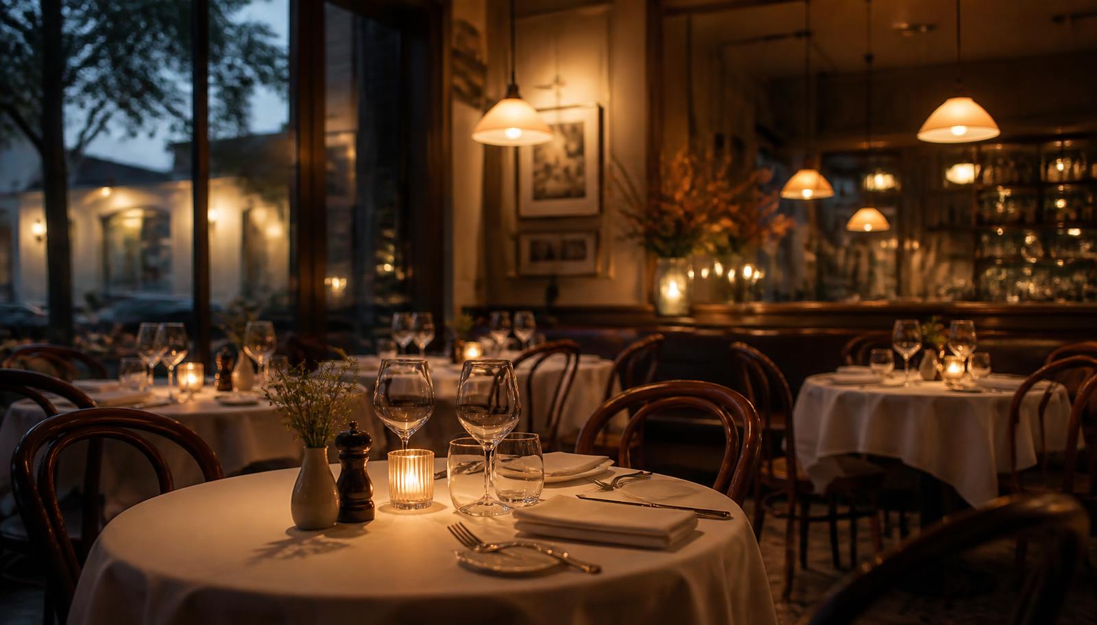Salle de bistrot élégante au crépuscule, tables dressées et lumières chaudes